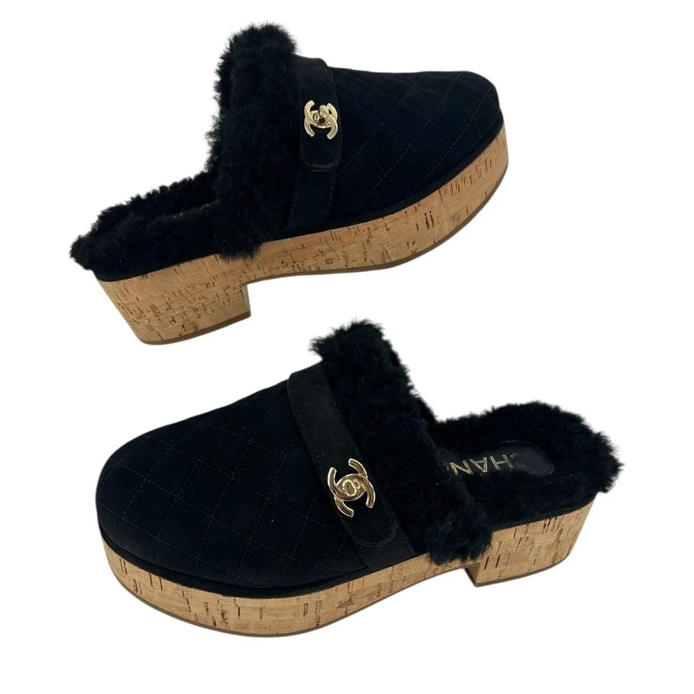 Chanel 21A Black Shearling‎ CC Turn Clasp Quilt Cork Mules Size 36